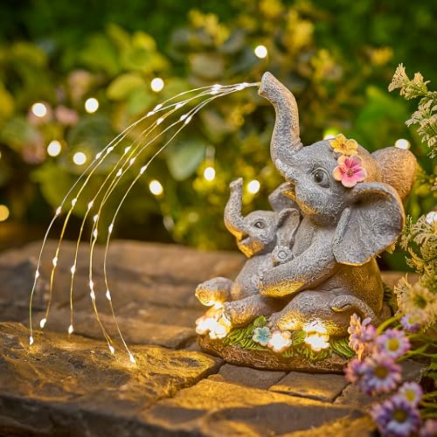 Outdoor Lighting For Patio - Solar-Elefanten-Gartendekoration-Statue mit Sukkulente und LED-Beleuchtung, Wasserdichte