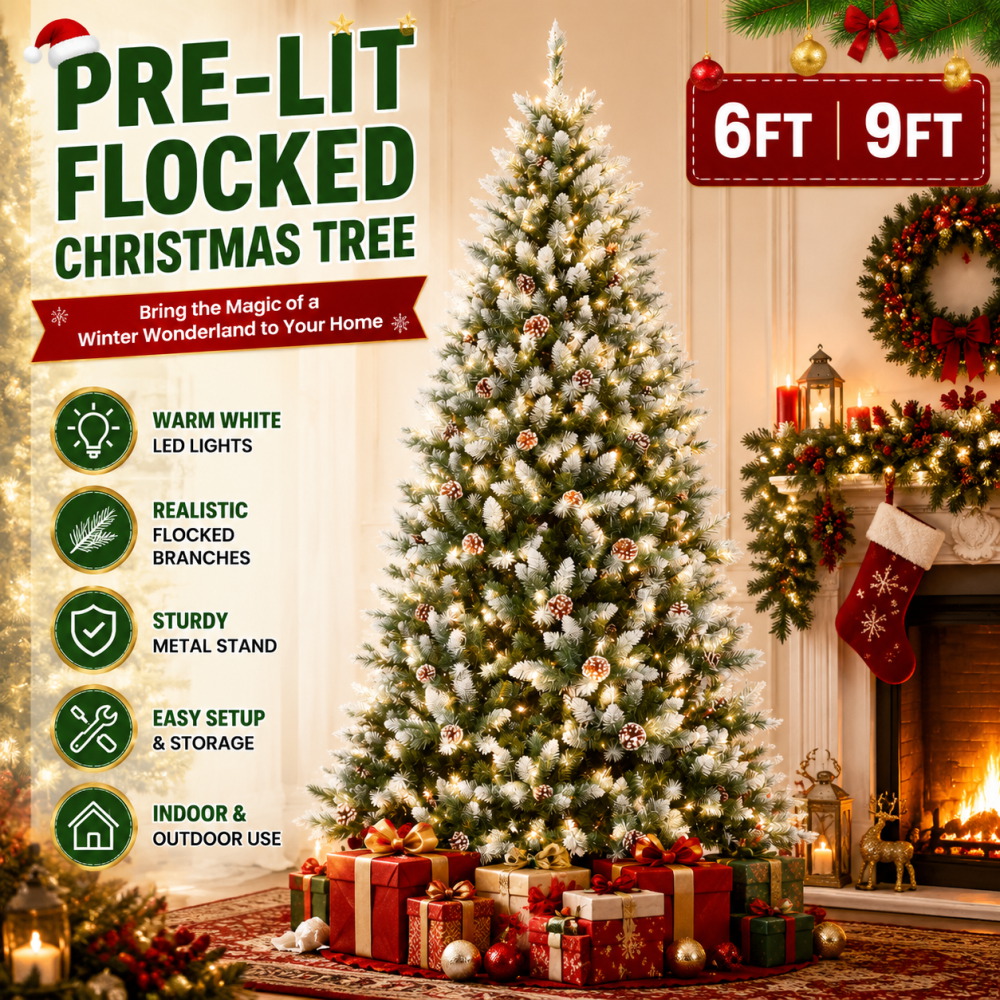 Outdoor Lighting Effects - Vorbeleuchteter, beflockter künstlicher Weihnachtsbaum 6'/9' mit